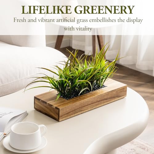MyGift Artificial Grass Plant in Rectangular Wood Planter (Acacia, 10 Inch) - color: Acacia Wood, size: 14 Inch