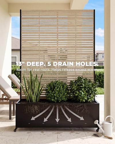 73" Metal Privacy Planter Box with Trellis on Wheels, Matte Teak - color: Matte Teak Color