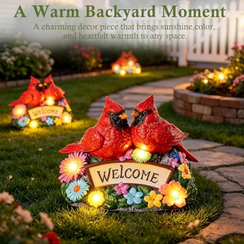 Solar Garden Statues 5.3" Couple Red Cardinal Figurines with Welcome Sign - style: Cardinal