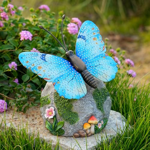 WSgift Solar Butterfly Garden Statue Weatherproof Outdoor Hand-Painted Decor Butterfly Resin Figurine Blue