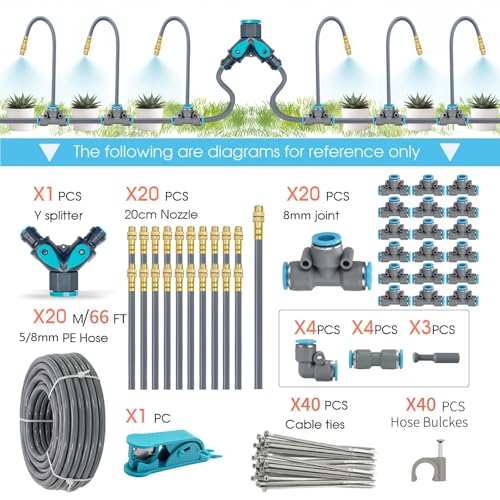 Drip Irrigation System, 66Ft 5/16 Inch Hose, 20 Adjustable Copper Nozzles, Automatic Atomizing Watering Kit for Greenhouse, Outdoor, Raised Bed, Lawn - size: 66FT