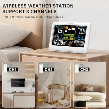 BluSon Weather Station Wireless Indoor Outdoor Thermometer, Atomic Clock - color: White