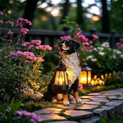 Dog Garden Statue, Bernese Mountain Dog Statue Holding Lantern Yard Art - style: Bernese Mountain Dog