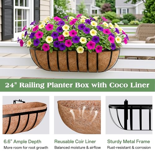 ZeeDix 24 Inch Railing Planter Box, 2 Pack Metal Window Box with Coco Liner