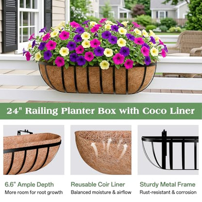 ZeeDix 24 Inch Railing Planter Box, 2 Pack Metal Window Box with Coco Liner