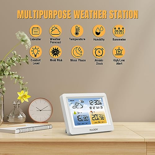 Raddy WM6 Wireless Weather Station, Rechargeable Battery Console - color: White