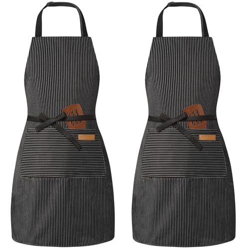 BeLuyi 2 Pack Adjustable Bib Apron with 2 Pockets Chef Cooking Kitchen Restaurant Aprons for Women Men - color: Black Pinstripe