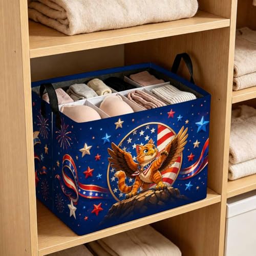 Patriotic Cat Storage Basket with Handles, Eagle Cat Laundry Hamper 56L Large Collapsible Organizer, Laundry Basket for Bathroom/Laundry/Bedroom - color: Patriotic Cat