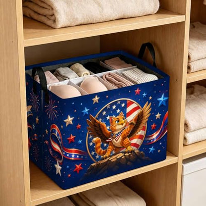 Patriotic Cat Storage Basket with Handles, Eagle Cat Laundry Hamper 56L Large Collapsible Organizer, Laundry Basket for Bathroom/Laundry/Bedroom - color: Patriotic Cat