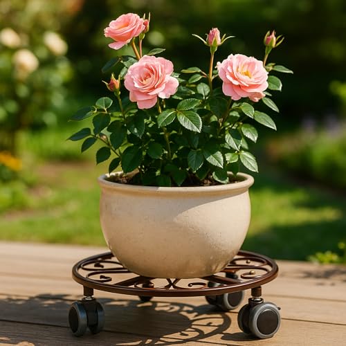 Planterhoma 3 Pack Plant Caddy with Wheels & Saucers, 11.8" Heavy Duty Metal Rolling Plant Stand, Plant Dolly with Lockable Casters, Rustproof Iron Planter Mover for Indoor Outdoor, Bronze - color: Bronze
