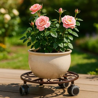 Planterhoma 3 Pack Plant Caddy with Wheels & Saucers, 11.8" Heavy Duty Metal Rolling Plant Stand, Plant Dolly with Lockable Casters, Rustproof Iron Planter Mover for Indoor Outdoor, Bronze - color: Bronze
