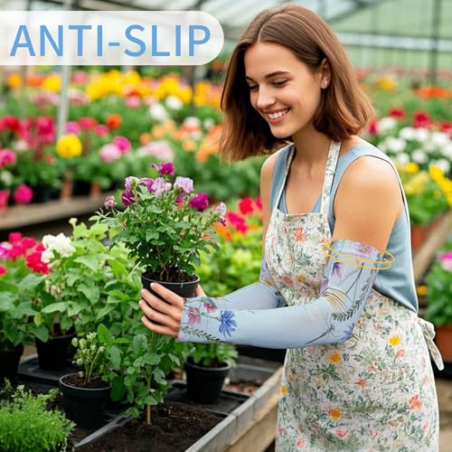 FISHEAL Sun Protection Gardening Sleeves - Women Men UV UPF 50+ Cooling Arm Sleeves with Thumbholes Farming Fishing Outdoors - color: Blue Flowers, size: Large