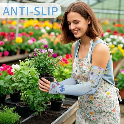 FISHEAL Sun Protection Gardening Sleeves - Women Men UV UPF 50+ Cooling Arm Sleeves with Thumbholes Farming Fishing Outdoors - color: Blue Flowers, size: Large