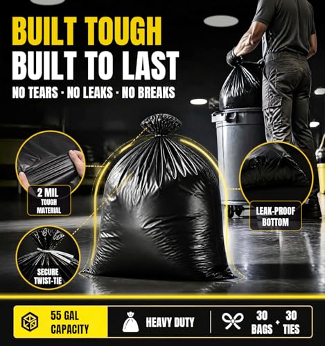 55 Gallon Contractor Garbage Bags Heavy Duty,2 Mil,30 Count,Black