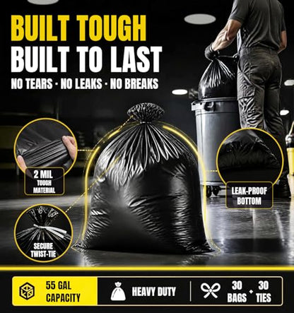 55 Gallon Contractor Garbage Bags Heavy Duty,2 Mil,30 Count,Black