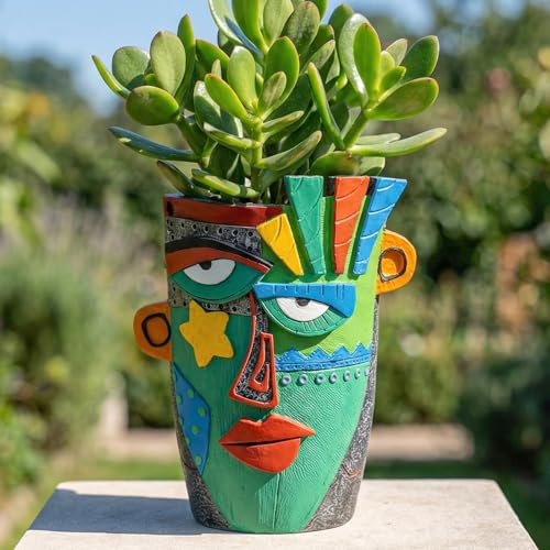 Abstract Face Planter Pot - 8inch Picasso Style Unique Plant Pots - color: Green