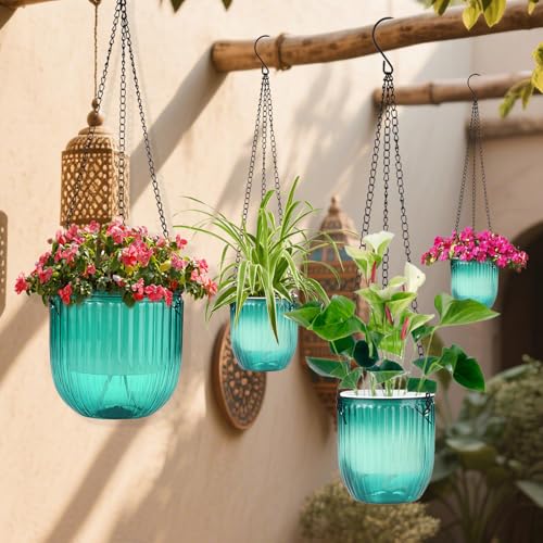 4 Pack Self Watering Hanging Planters with Drainage Holes Green