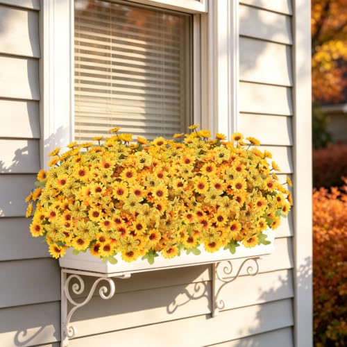 15PCS Artificial Fall Flowers for Outdoors, UV Resistant Fake Mums - color: Yellow Daisies & Yellow Violets