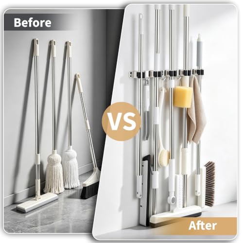 Broom Holder Wall Mount, Mop Organizer, 5 Racks, 4 Hooks, Heavy Duty