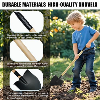 Kids Rake and Shovel Set, 4Pcs Garden Tools Metal Head with Wooden Handle, Great Gardening Gifts for Boys Girls Age 3 and Up - color: 2pcs black rakes& 2pcs shovels