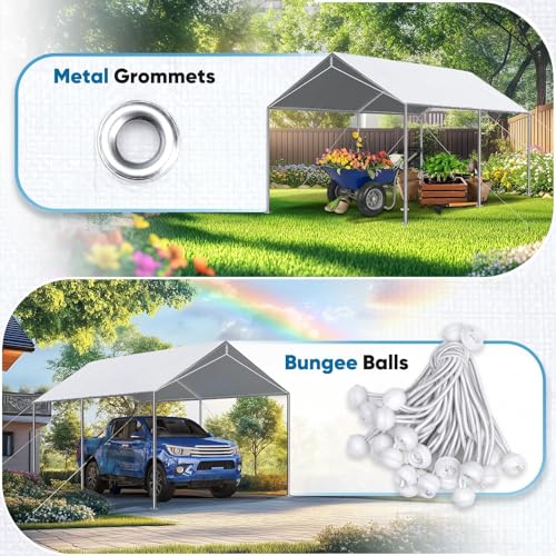 Quictent 10x20 ft Carport Replacement Tarp Canopy Top Cover with Bungee Balls - color: White