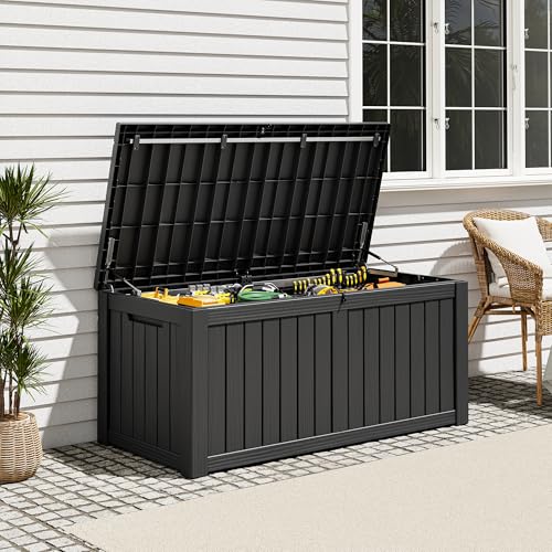 Waterproof Outdoor Storage Box, Resin Patio Organizer,180 Gal,Black - color: Striped Black, style: 180 Gallon