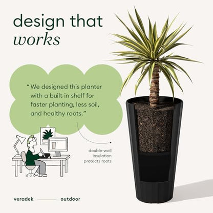 Veradek Column Series Tall Planter - Tapered Outdoor Planter with Shelf - color: Black, style: Wide Groove - 2 Pack