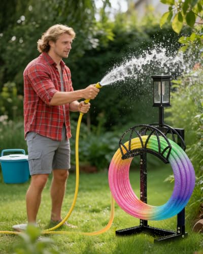 Garden Hose Holder with Solar Light, Freestanding Hose Stand for Outside