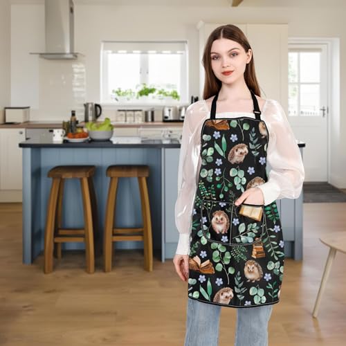WSNANG Hedgehog Cooking Kitchen Apron With Pockets Hedgehogs, Books & Botanicals Apron Hedgehog Lover Gifts