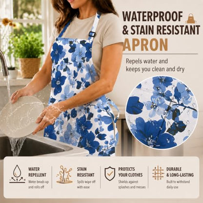 Kosseco Cute Aprons for Women with 1 pocket, Cooking Kitchen Baking Gardening Adjustable Waterproof Aprons for Women - color: Blue Flowers