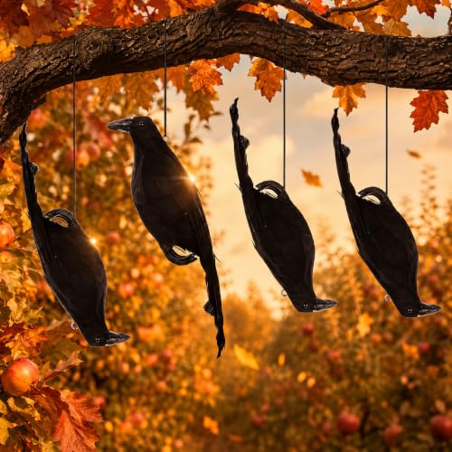 4 Pcs 15'' Realistic Dead Crow Decoys Halloween Spooky Hanging Decorations