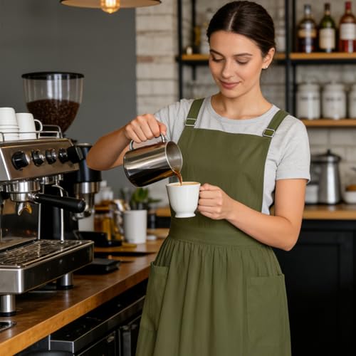 Apron for Women with Pockets Cotton Linen Metal Clip Adjust Kitchen Cooking Baking Gardening Dress Chef Apron - color: 1 Pack-dark Green