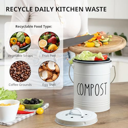 Kitchen Compost Bin, 1 Gallon Countertop Compost Bin with Lid, Indoor Compost Bucket, Includes Inner Bucket Liner and Carbon Filters, White