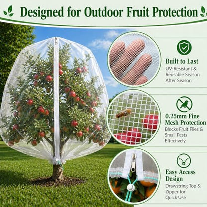 3 Pack 12x12 ft Large Fruit Tree Netting Covers with Zipper & Drawstring - size: 12x12 ft