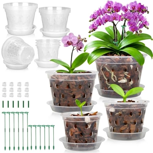 3/4/5/6 Inch Orchid Pot, 12 Pack Clear Orchid Pots with Holes, Saucer and Plant Stakes for Repotting, Plastic Plant Pot for Indoor & Outdoor Plants - size: (3+4+5+6)×3