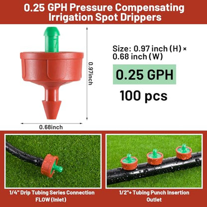 100pcs 0.25 GPH Pressure Compensating Drippers for Drip Irrigation - size: 0.25 GPH 100PCS
