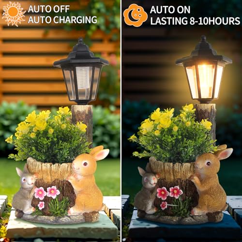 Solar Bunny Statue Outdoor, Rabbits Figurine with Flowerpot & Lantern - color: Bunny