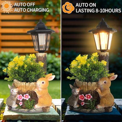 Solar Bunny Statue Outdoor, Rabbits Figurine with Flowerpot & Lantern - color: Bunny
