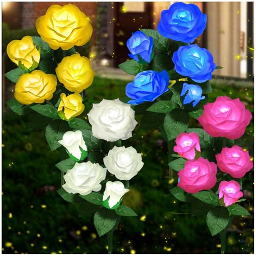 Solar Flower Lights Outdoor - Upgraded New Material Two Modes Realistic LED Solar Powered Waterproof Lights with 5 Roses, Solar Decorative Stake Lights for Garden (Multicolor, 4 Pack) - color: Multicolor, size: 4 Pack