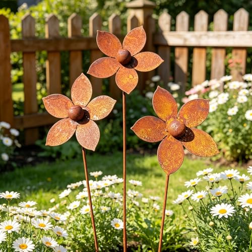 Rustic Metal Coneflower Garden Stakes, Set of 3 Rusted Iron Daisy Yard Art - color: Metallic