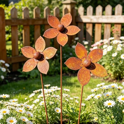 Rustic Metal Coneflower Garden Stakes, Set of 3 Rusted Iron Daisy Yard Art - color: Metallic