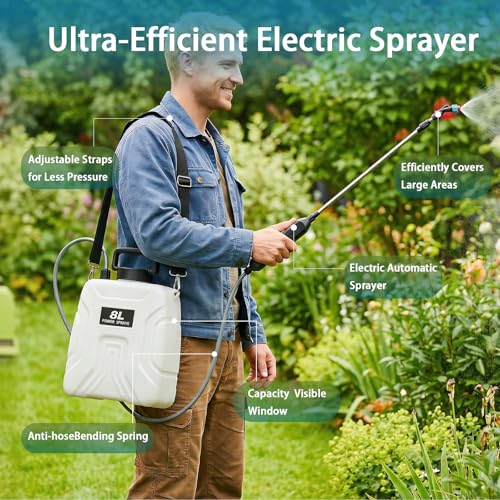 2 Gallon Battery Powered Sprayer, 2000mAh Electric Power White Continuous Battery Operated misting Retractable Long-Reach Metal Wand 5 Multi-Pattern Water attachments - color: White/2 Gallon