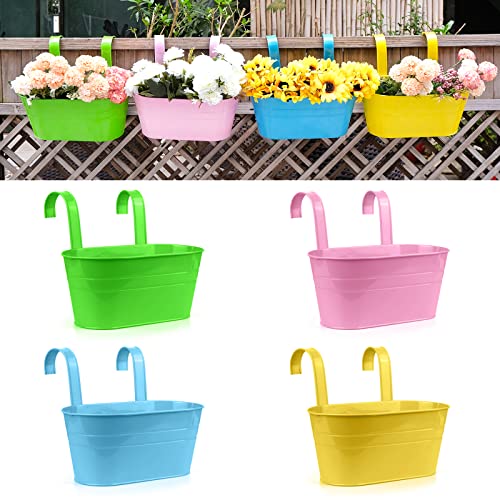 RIOGOO Flower Pots Metal Iron Hanging Flower Pots Garden Pots Balcony Planters Metal Bucket Flower Holders Wall Hanging Decor Pot- Detachable Hook (4 PCS) (Large) - size: Large(4PCS)