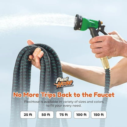Flexi Hose with 8 Function Nozzle, 50FT - Lightweight Expandable Garden Hose, No-Kink Flexibility, 3/4 Inch Solid Brass Fittings and Double Latex Core - Black and Green - size: 50ft