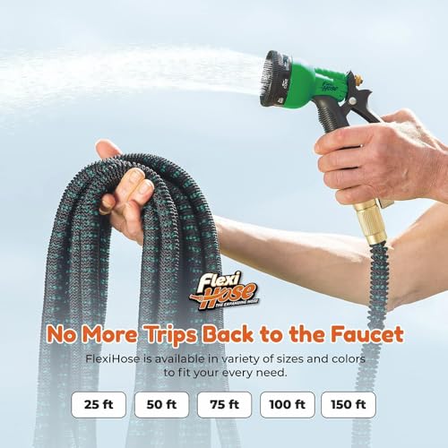 Flexi Hose with 8 Function Nozzle, 150FT - Lightweight Expandable Garden Hose, No-Kink Flexibility, 3/4 Inch Solid Brass Fittings and Double Latex Core - Black and Green - size: 150ft