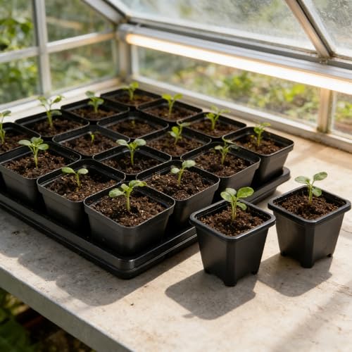 2.6in 100 Pcs Square Nursery Pots with 5 Pcs Plastic Seed Starting Trays - size: 2.4in-100pcs