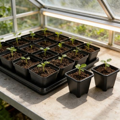 2.6in 100 Pcs Square Nursery Pots with 5 Pcs Plastic Seed Starting Trays - size: 2.4in-100pcs