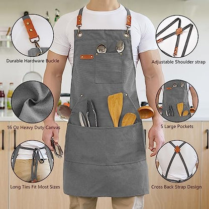 Aoomzoon Canvas Aprons for Men Women, Heavy Duty BBQ Apron with Pockets - color: Gray