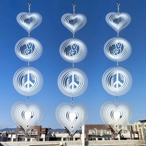 12Pcs Bird Scare Discs Set Reflective 3D Stainless Steel Wind Spinner Outdoor Garden Hanging Decor Bird Devices Deterrent Reflector to Scare Bird Away from Yard Patio Farm (Love & Peace) - color: Love and Peace