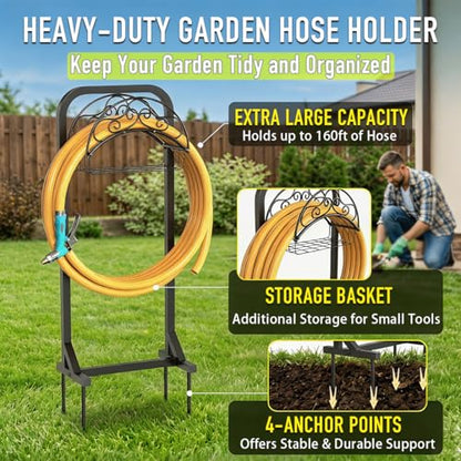 Garden Hose Holder, 160 ft, Storage Basket, Triangular Base, Black